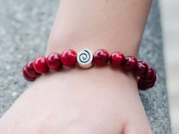 Red Coral Gemstone Stretch Bracelet Unisex Greek Spiral Symbol