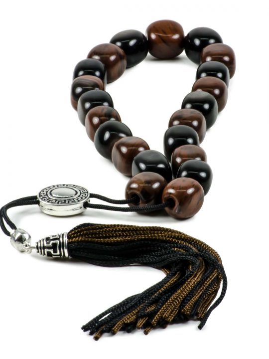 Black & Brown Obsidian Greek Komboloi Worry Beads Meander Spacer Tassel