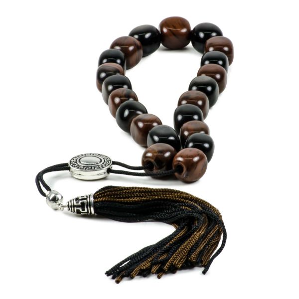 Black & Brown Obsidian Greek Komboloi Worry Beads Meander Spacer Tassel