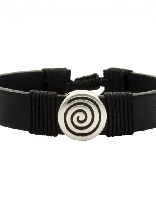 Black Leather Handmade Bracelet Greek Spiral Symbol Black